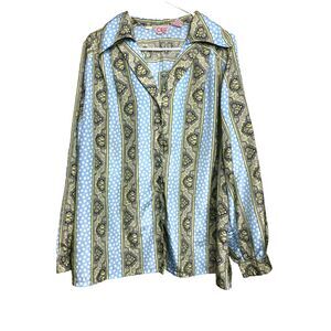 VTG CEO Shirt‎ Womens 38 Light Blue Button Up Polkadots Paisley Hippie Boho 70s